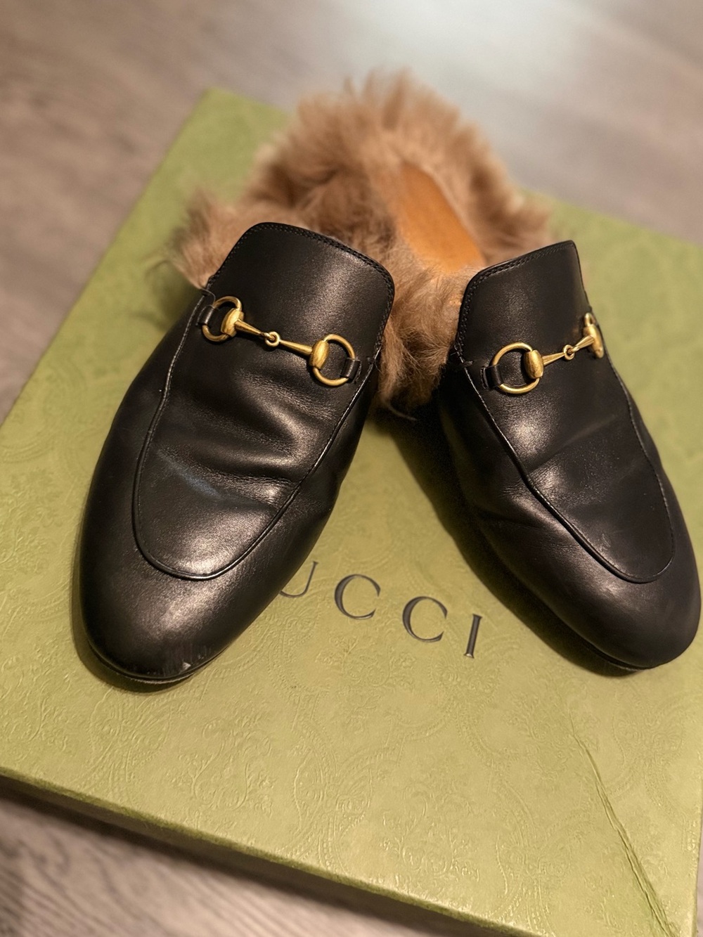 Gucci Black Leather Fur-Lined Loafer Mules with Gold Horsebit